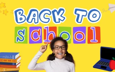 Smiling girl in glasses with finger raised, signifying an idea, stands against a yellow background. "Back to School" text is colorful, surrounded by stars, books, laptop, apple, and paper plane.