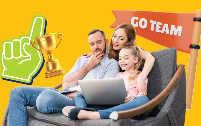 A family of three enjoys time together on a couch, looking at a laptop. A yellow background features a foam finger, trophy, and "Go Team" flag.