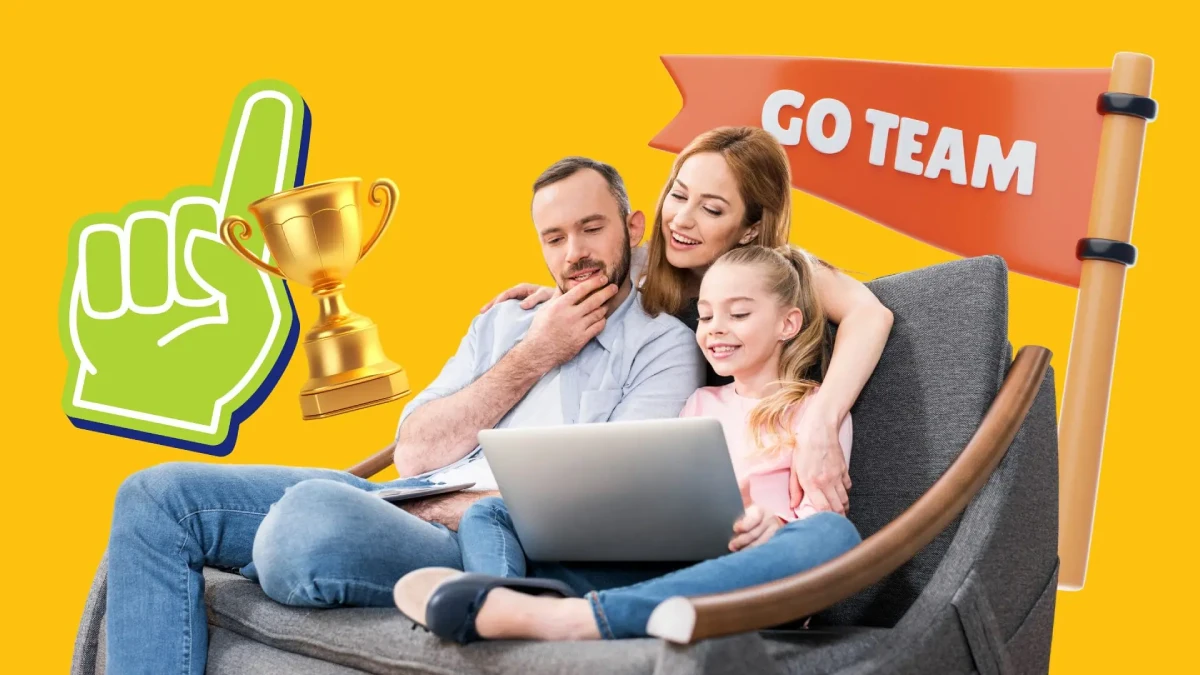 A family of three enjoys time together on a couch, looking at a laptop. A yellow background features a foam finger, trophy, and "Go Team" flag.