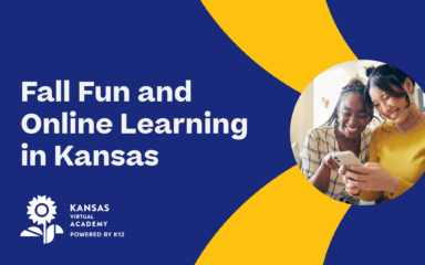 Two smiling students looking at a phone on a Kansas Virtual Academy graphic promoting fall fun and online learning in Kansas.